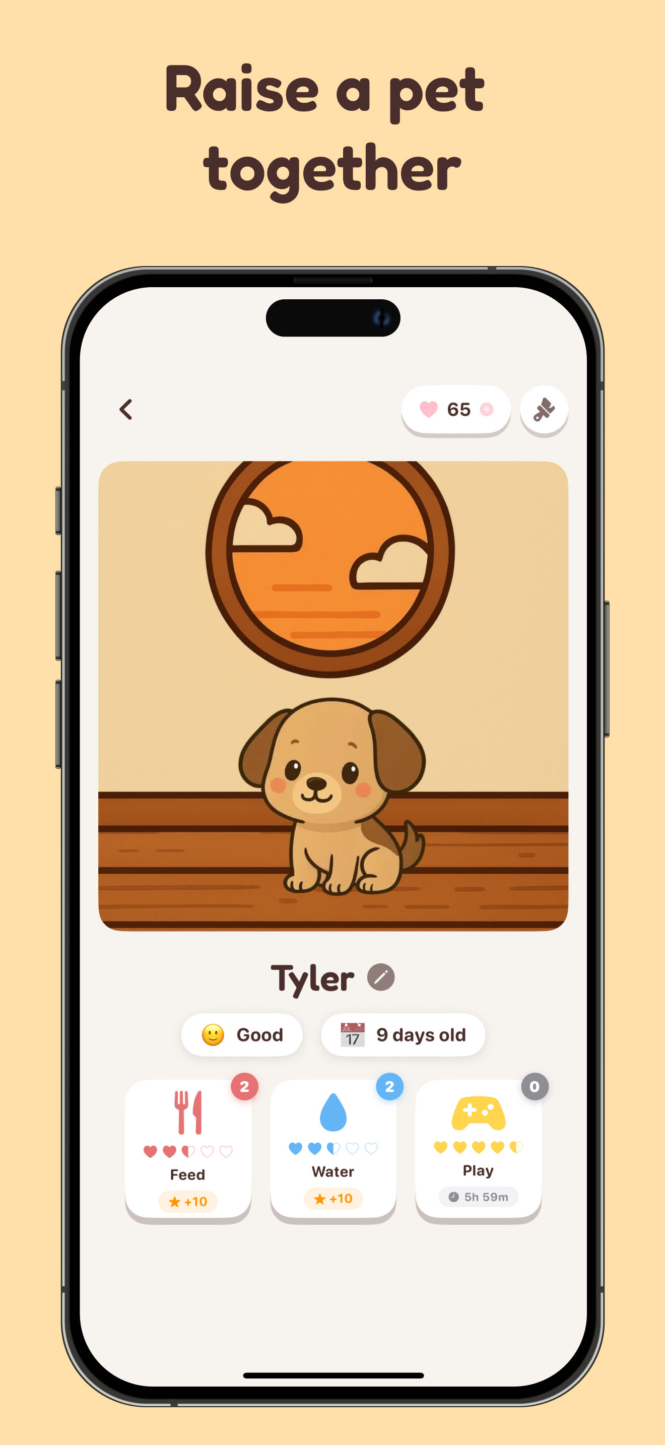 Virtual pet dog in Pookie app with feed, water, and play options